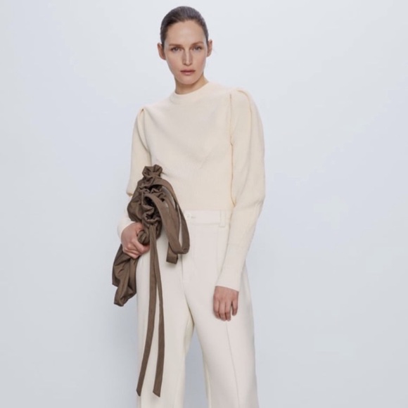 Zara Beige Balloon Sleeve Knit Crop Sweater - Picture 3 of 15